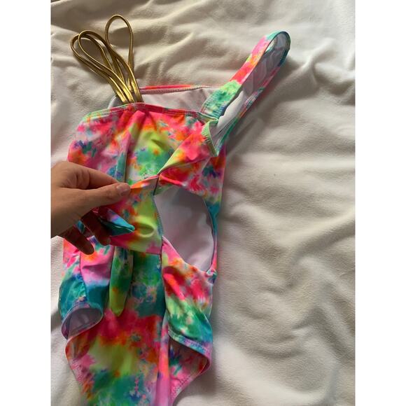 Betsey Johnson xo Tie Dye gold shoulder cutout swimsuit girls - Picture 4 of 6